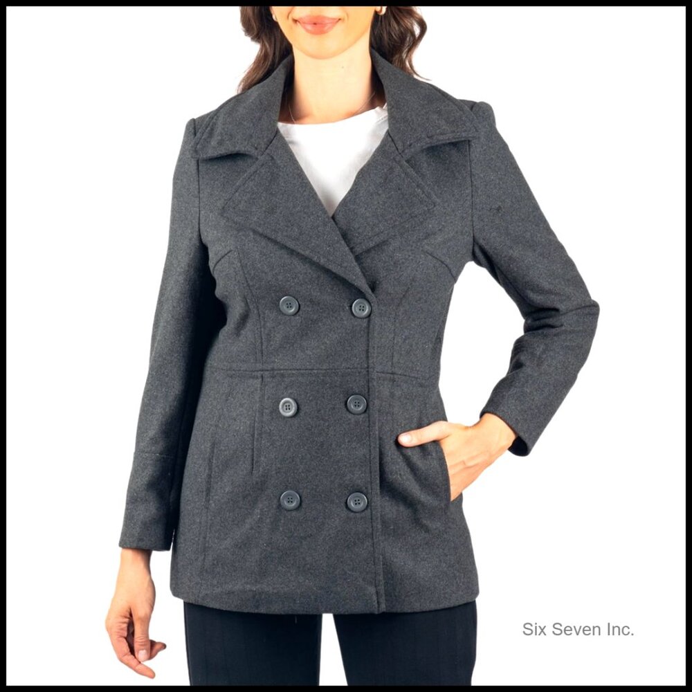 Women's Wool Blend Peacoat Double-Breasted 3/4 Length Overcoat